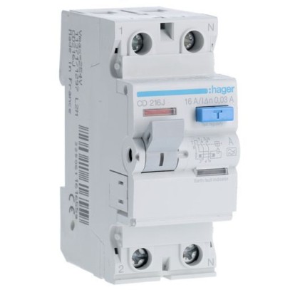Дифреле (УЗО) Hager CD216J 2-полюсное 6kА 16А 30mA тип А