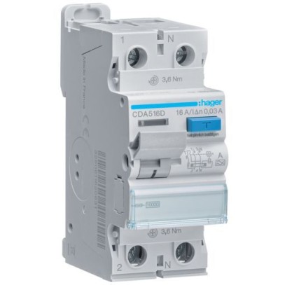 Дифреле (УЗО) Hager CDA516D 2-полюсное 10kА 16А 30mA тип А