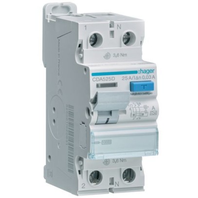 Дифреле (УЗО) Hager CDA525D 2-полюсное 10kА 25А 30mA тип А