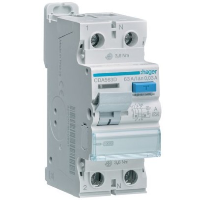 Дифреле (УЗО) Hager CDA563D 2-полюсное 10kА 63А 30mA тип А