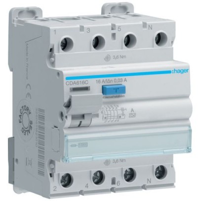 Дифреле (УЗО) Hager CDA616C 4-полюсное 10kА 16А 30mA тип А