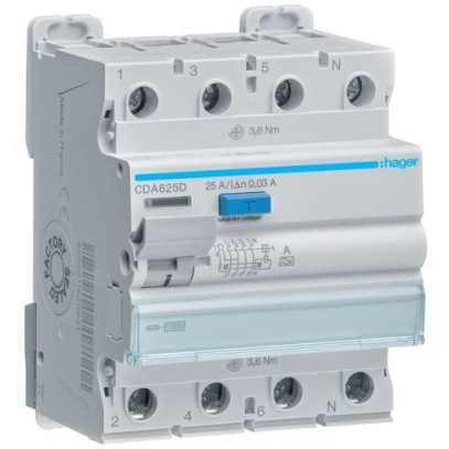 Дифреле (УЗО) Hager CDA625D 4-полюсное 10kА 25А 30mA тип А