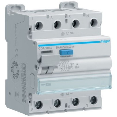 Дифреле (УЗО) Hager CDA680C 4-полюсное 10kА 80А 30mA тип А