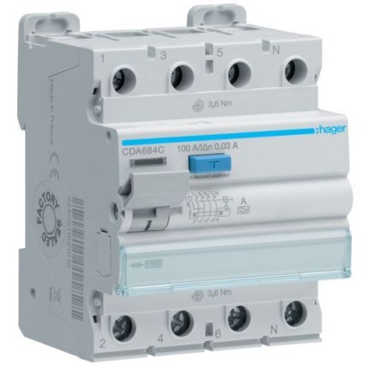 Дифреле (УЗО) Hager CDA684C 4-полюсное 10kА 100А 30mA тип А