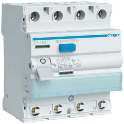 Дифреле (УЗО) Hager CDS440D 4-полюсное 6kА 40А 30mA тип А QC