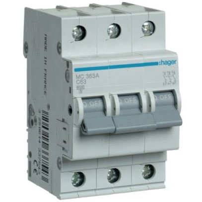 Автоматический выключатель Hager MC363A 3-полюсный 6kA In=63А тип C Автоматический выключатель Hager MC363A 3-полюсный 6kA In=63А тип C