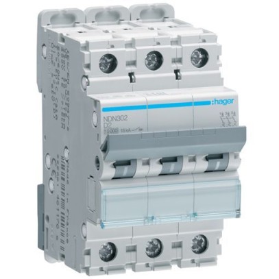 Автоматический выключатель Hager NDN302 3-полюсный 10kA In=2А тип D Автоматический выключатель Hager NDN302 3-полюсный 10kA In=2А тип D
