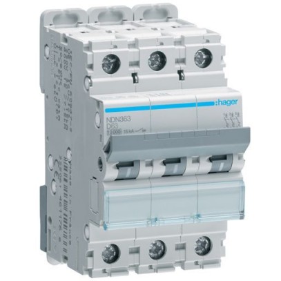 Автоматический выключатель Hager NDN363 3-полюсный 10kA In=63А тип D Автоматический выключатель Hager NDN363 3-полюсный 10kA In=63А тип D